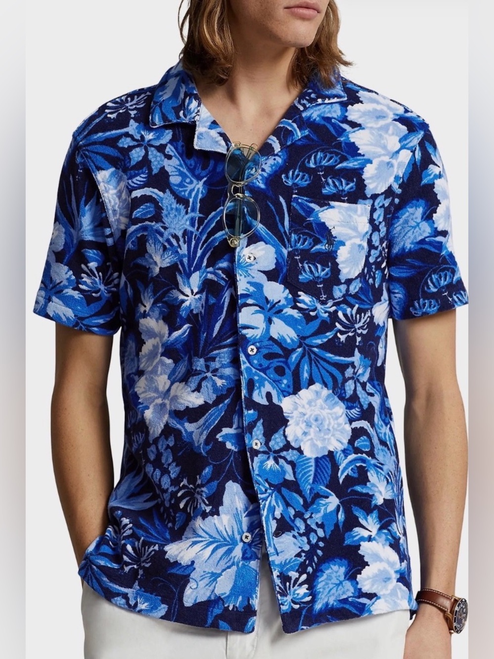 Polo Ralph Lauren Blue FLORAL TERRY CLOTH Button Front Camp Shirt